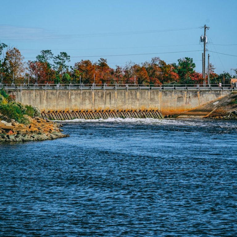 a large body of water with a bridge in the background