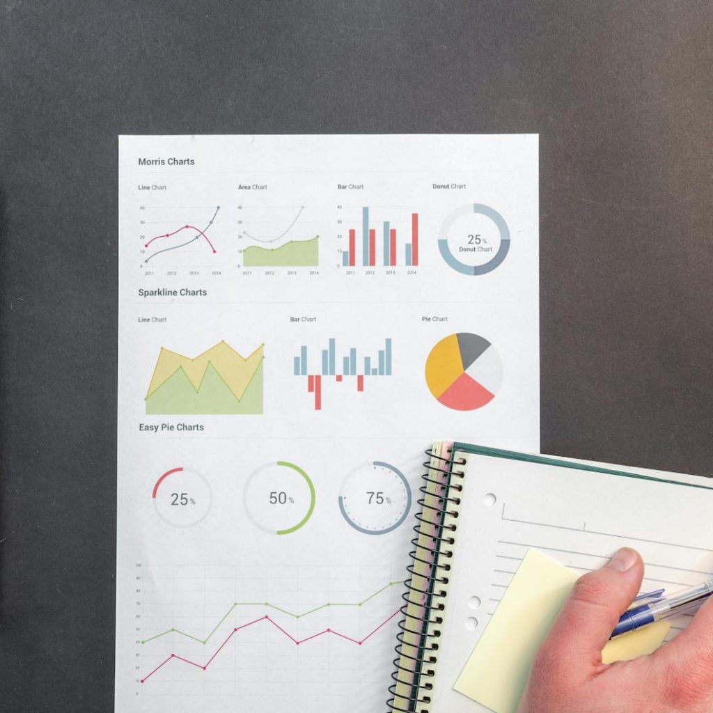 Overhead view of a business desk with charts and a laptop, ideal for data analysis concepts.